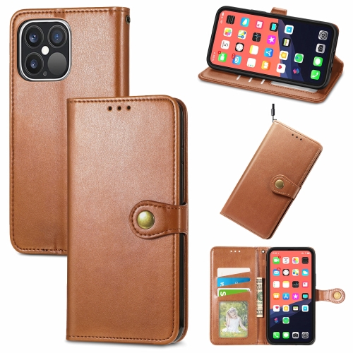 For iPhone 13 Pro Solid Color Leather Buckle Phone Case with Lanyard & Photo Frame & Card Slot & Wallet & Stand Function(Brown)