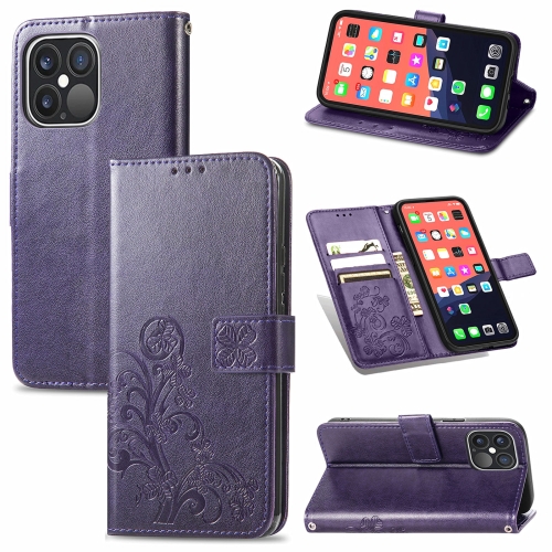 For iPhone 13 Pro Max Four-leaf Clover Clasp Embossed Buckle Mobile Phone Protection Leather Case with Lanyard & Card Slot & Wallet & Bracket Function(Purple)