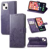 For iPhone 13 Four-leaf Clover Clasp Embossed Buckle Mobile Phone Protection Leather Case with Lanyard & Card Slot & Wallet & Bracket Function(Purple)