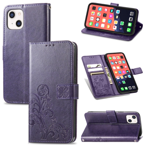 For iPhone 13 Four-leaf Clover Clasp Embossed Buckle Mobile Phone Protection Leather Case with Lanyard & Card Slot & Wallet & Bracket Function(Purple)