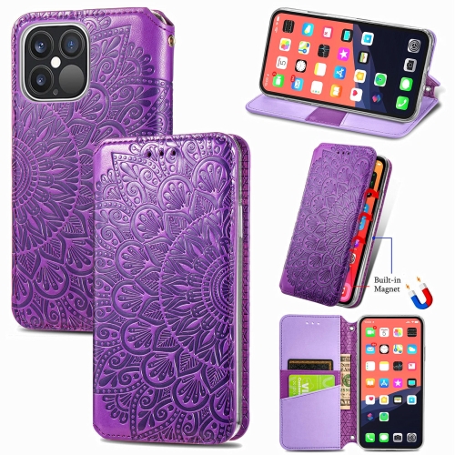 For iPhone 13 Pro Max Blooming Mandala Embossed Pattern Magnetic Horizontal Flip Leather Case with Holder & Card Slots & Wallet(Purple)