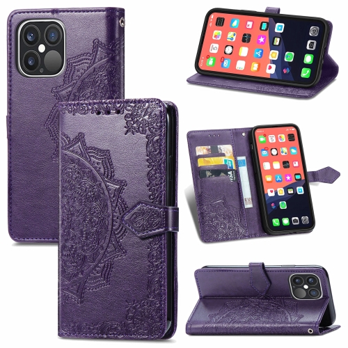 Mandala Flower Embossed Horizontal Flip Leather Case with Holder & Three Card Slots & Wallet & Lanyard For iPhone 13 Pro (Purple)
