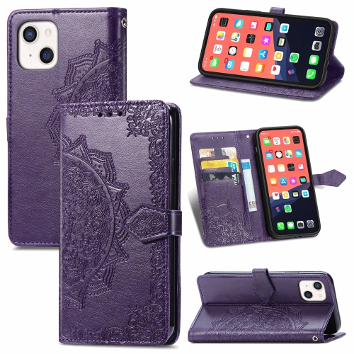 Mandala Flower Embossed Horizontal Flip Leather Case with Holder & Three Card Slots & Wallet & Lanyard For iPhone 13 (Purple)