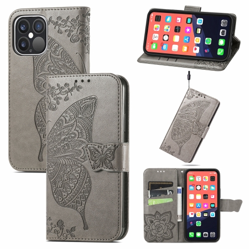 Butterfly Love Flower Embossed Horizontal Flip Leather Case with Bracket / Card Slot / Wallet / Lanyard For iPhone 13 Pro(Grey)
