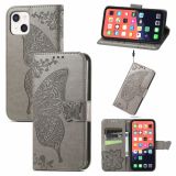 Butterfly Love Flower Embossed Horizontal Flip Leather Case with Bracket / Card Slot / Wallet / Lanyard For iPhone 13(Grey)