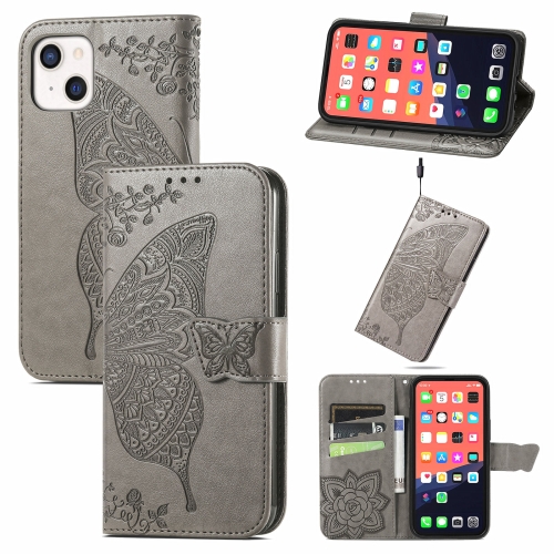 Butterfly Love Flower Embossed Horizontal Flip Leather Case with Bracket / Card Slot / Wallet / Lanyard For iPhone 13 mini(Grey)