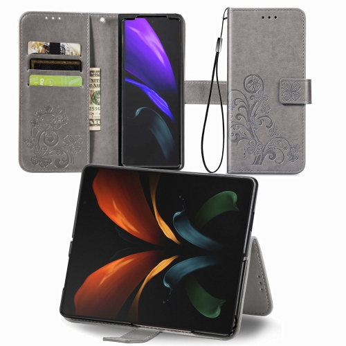 For Samsung Galaxy Z Fold3 Four-leaf Clasp Embossed Buckle Mobile Phone Protection Leather Case with Lanyard & Card Slot & Wallet & Bracket Function(Gray)