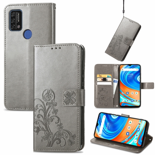 For UMIDIGI A9 Four-leaf Clasp Embossed Buckle Mobile Phone Protection Leather Case with Lanyard & Card Slot & Wallet & Bracket Function(Gray)