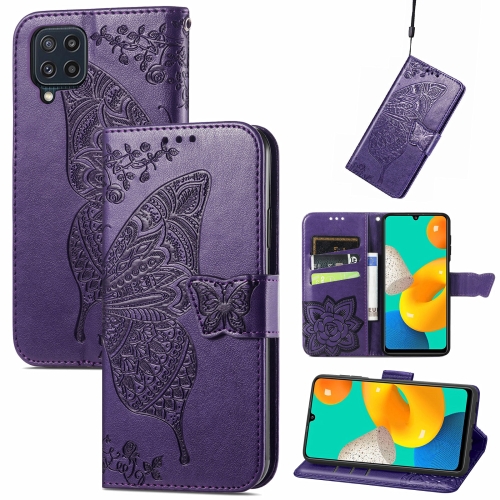 For Samsung Galaxy M32 Butterfly Love Flowers Embossed Horizontal Flip Leather Case with Holder & Card Slots & Wallet & Lanyard(Dark Purple)