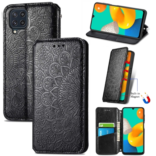 For Galaxy M32 Blooming Mandala Embossed Pattern Magnetic Horizontal Flip Leather Case with Holder & Card Slots & Wallet(Black)
