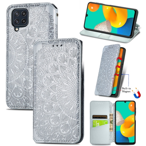 For Galaxy A22 4G Blooming Mandala Embossed Pattern Magnetic Horizontal Flip Leather Case with Holder & Card Slots & Wallet(Gray)