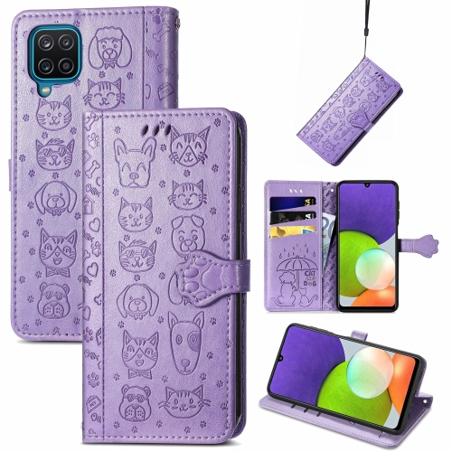 For Galaxy A22 4G Cute Cat and Dog Embossed Horizontal Flip Leather Case with Holder & Card Slots & Wallet & Lanyard(Purple)