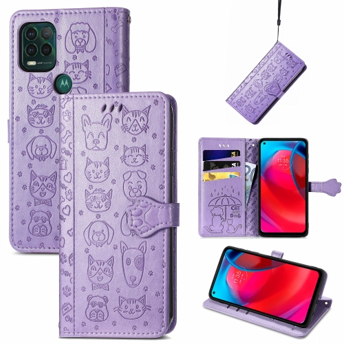 For Motorola MOTO G Stylus 5G Cute Cat and Dog Embossed Horizontal Flip Leather Case with Holder & Card Slots & Wallet & Lanyard(Purple)