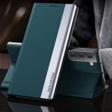 For Samsung Galaxy S21 5G Side Electroplated Magnetic Ultra-Thin Horizontal Flip Leather Case with Holder(Green)