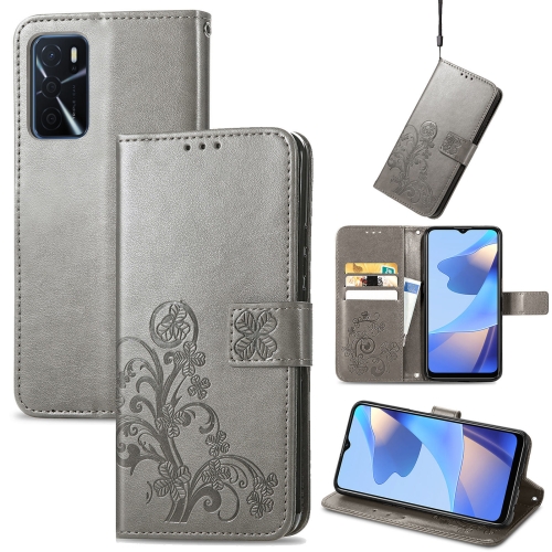 For OPPO A16 Four-leaf Clasp Embossed Buckle Mobile Phone Protection Leather Case with Lanyard & Card Slot & Wallet & Bracket Function(Gray)