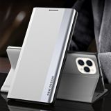 Side Electroplated Magnetic Ultra-Thin Horizontal Flip Leather Case with Holder For iPhone 13 Pro Max(Silver)