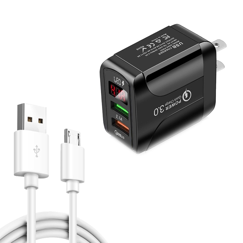 F002C QC3.0 USB + USB 2.0 LED Digital Display Fast Charger with USB to Micro USB Data Cable