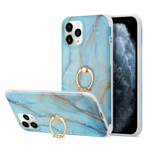 For iPhone 13 mini Four Corners Shocproof Flow Gold Marble IMD Back Cover Case with Metal Rhinestone Ring(Blue)