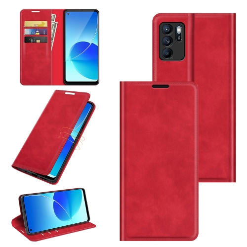For OPPO Reno6 ZRetro-skin Business Magnetic Suction Leather Case with Holder & Card Slots & Wallet(Red)