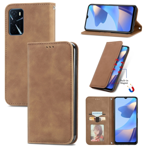 For OPPO A16 Retro Skin Feel Business Magnetic Horizontal Flip Leather Case with Holder & Card Slots & Wallet & Photo Frame(Brwon)
