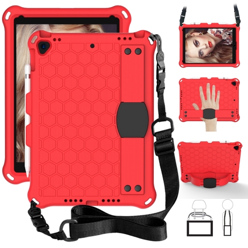 For iPad 10.2 Honeycomb Design EVA + PC Four Corner Shockproof Protective Case with Straps(Red+Black )