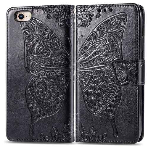 For iPhone SE 2020 Butterfly Love Flower Embossed Horizontal Flip Leather Case with Bracket / Card Slot / Wallet / Lanyard(Black)
