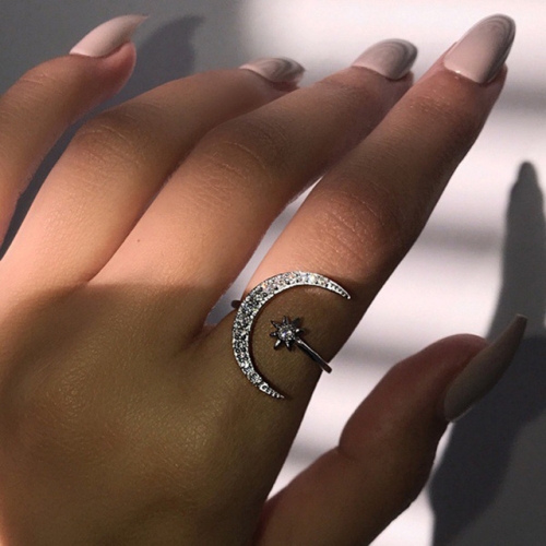 Female Star Moon Rings 925 Silver Crystal Ring Staking Jewelry(Silver)