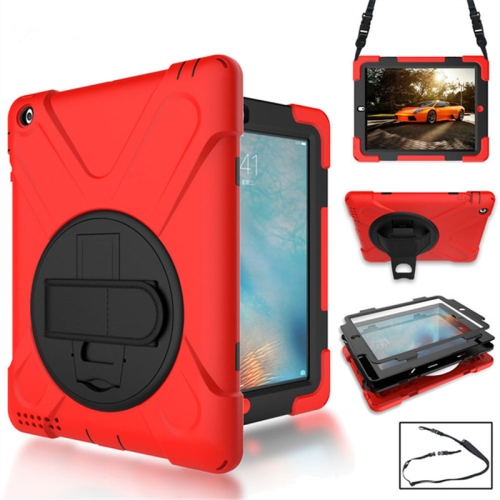 360 Degree Rotation Silicone Protective Cover with Holder and Hand Strap and Long Strap for iPad 5 / iPad Air(Red)