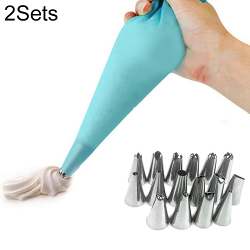 2 Sets Reusable Silicone Pastry Bag Cake Decorating Tools with 16 Nozzles Tips(Blue)