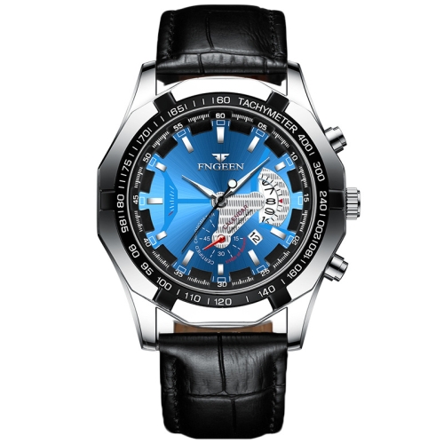 FNGEEN S001 Men Waterproof Watch Non-Mechanical Calendar Watch(Black Leather White Steel Blue Surface)
