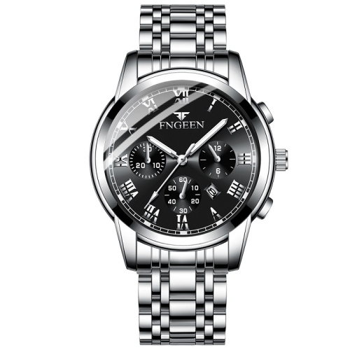 FNGEEN 4006 Men Automatic Mechanical Watch Waterproof Quartz Watch(White Steel Black Surface)