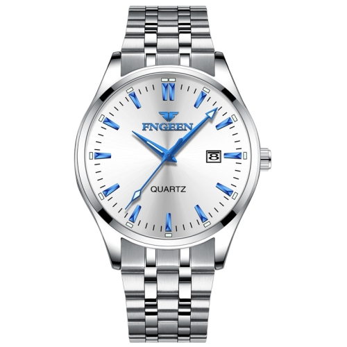 FNGEEN 2111 Men Simple Luminous Calendar Quartz Watch(White Steel White Surface)