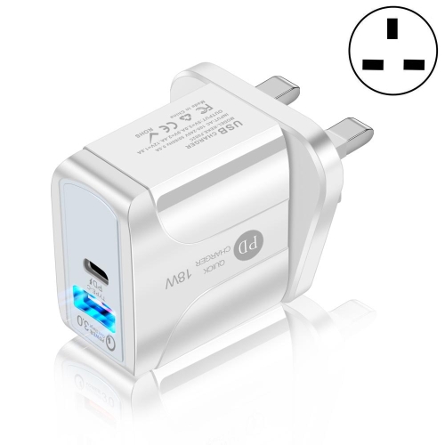 18W PD + QC 3.0 Fast Charge Travel Charger Power Adapter With LED Indication Function(UK Plug White)
