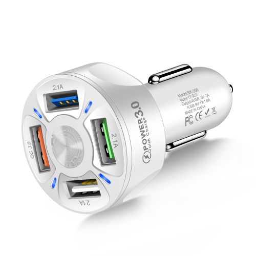 2 PCS BK-358 3A QC3.0 4USB Car Charger One For Four Mobile Phone Car Charger(White)