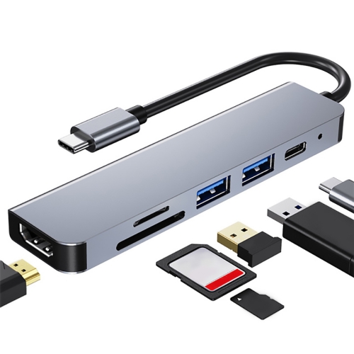 AD-033 6 In 1 USB-C / Type-C To 4K HDMI + SD / TF Card Slot + PD USB-C / Type-C Charging + 2 USB 3.0 Ports Multifunctional HUB Docking Station