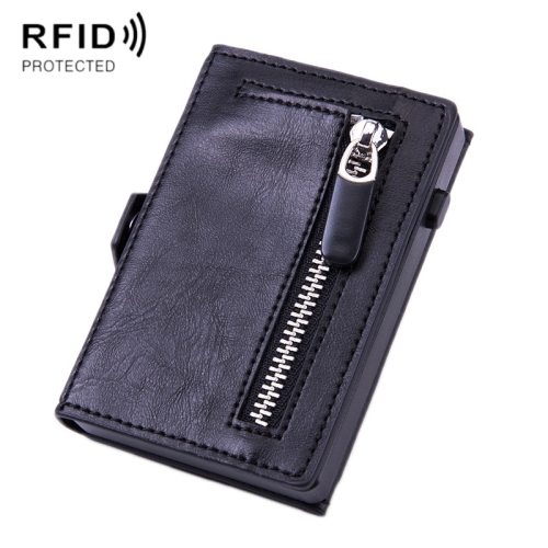 Men PU Leather Short Zipper RFID Wallet(Mad Horse Black)