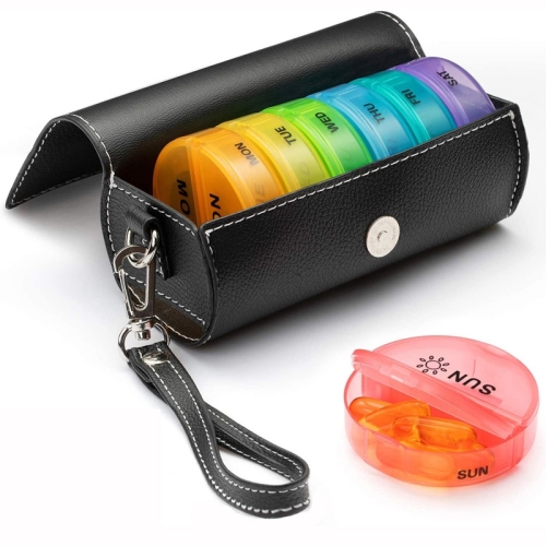 One Week Use Portable Plastic 14-Compartment Pill Box Leather Bag(14x7.5x6.5cm)