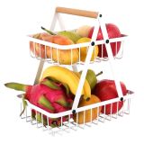 Double-Layer Portable Wrought Iron Basket Foldable Kitchen Storage Basket Shelf Fruit Basket( White)