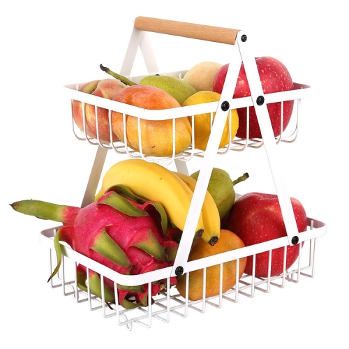 Double-Layer Portable Wrought Iron Basket Foldable Kitchen Storage Basket Shelf Fruit Basket( White)