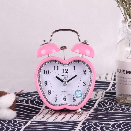 Children Cartoon Apple-Shaped Bedside Mute Desk Clock Metal Bell Digital Alarm Clock(Pink)