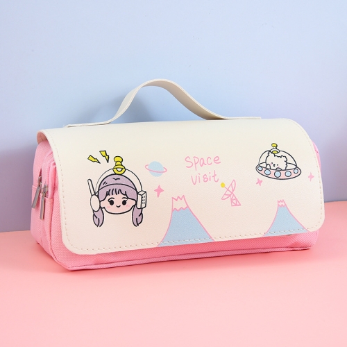2 PCS Cartoon Multifunctional Large-Capacity Pencil Case Student Cute Portable Stationery Box(Pink)