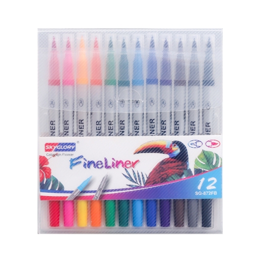 Skyglory 2 Packs Children Drawing Double-Headed Hook Line Pen Art Soft-Headed Watercolor Pen，Specification 12 Color Silver Pole