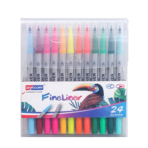 Skyglory 2 Packs Children Drawing Double-Headed Hook Line Pen Art Soft-Headed Watercolor Pen，Specification 24 Color Silver Pole