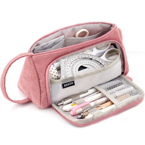 Angoo Student Large-Capacity Stationery Bag Portable Gift Cosmetic Bag(Bean Pink Corduroy)