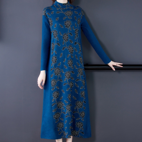 Women Loose Jacquard Knitted Long Dress (Color:Blue Size:M)