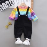 Childrens Suit Two-piece Rainbow Stripe Long-sleeved Wing Strap (Color:Black Size:80)