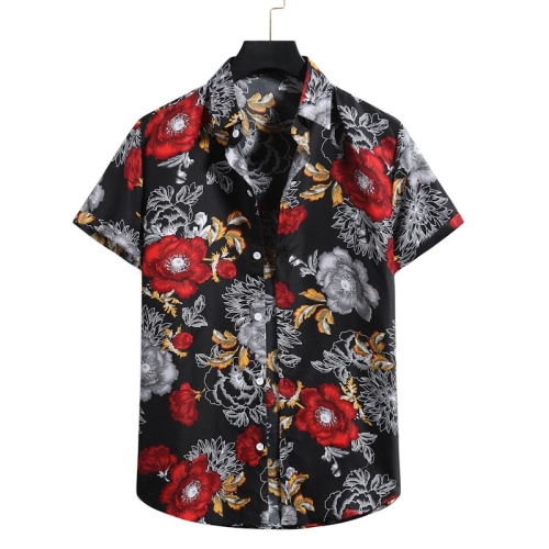Summer Casual Chelsea Collar Flower Print Pattern Short-sleeved Shirt for Men (Color:Black Size:S)