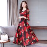 Women Printed Plus Size Long Dress (Color:Red Size:XXXL)