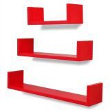 3 estantes de exhibición de pared flotantes en forma de U de MDF rojo Almacenamiento de libros / DVD