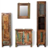 Juego de gabinete de tocador de madera maciza recuperada con espejo y 2 gabinetes laterales